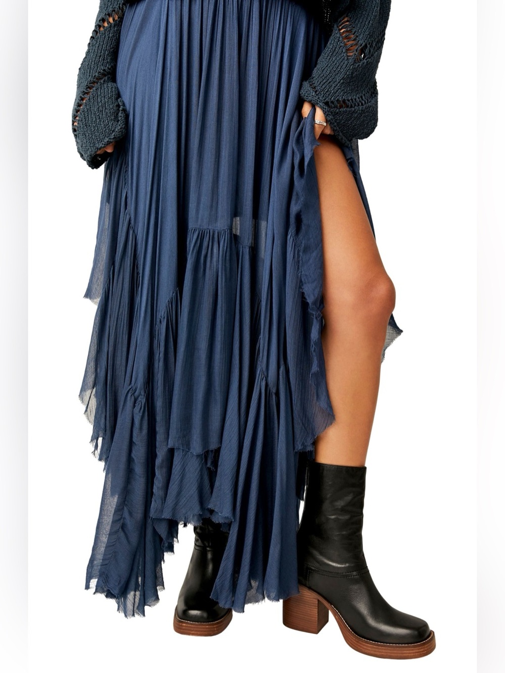 Free People Clover Handkerchief Hem Maxi Skirt in Navy - Picture 4 of 10